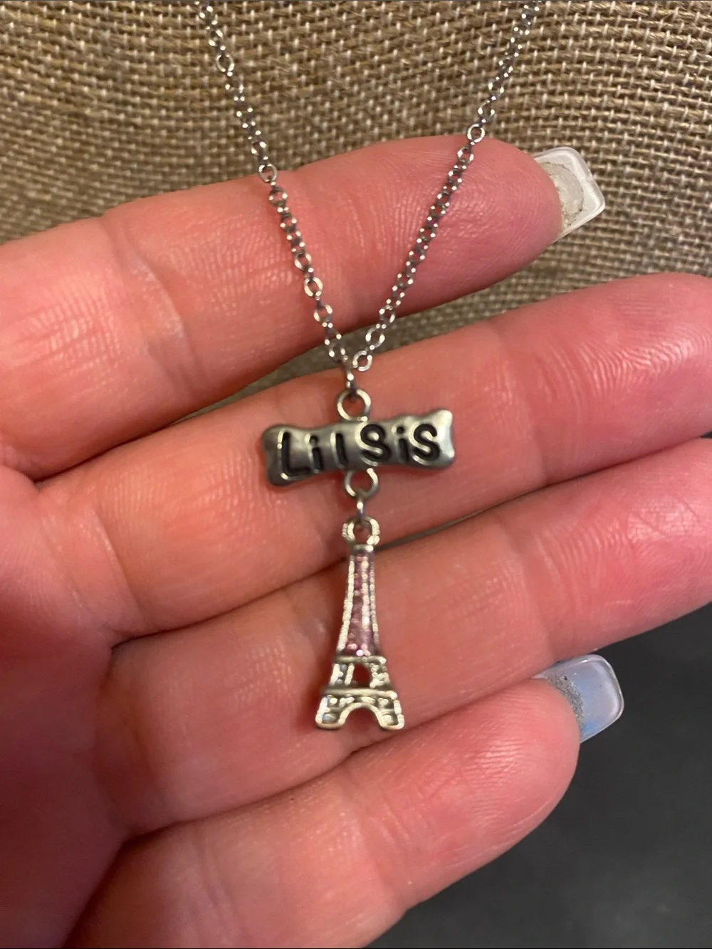 Eiffel Tower Pendant Necklace with Big Sis on one and Lil Sis on the other